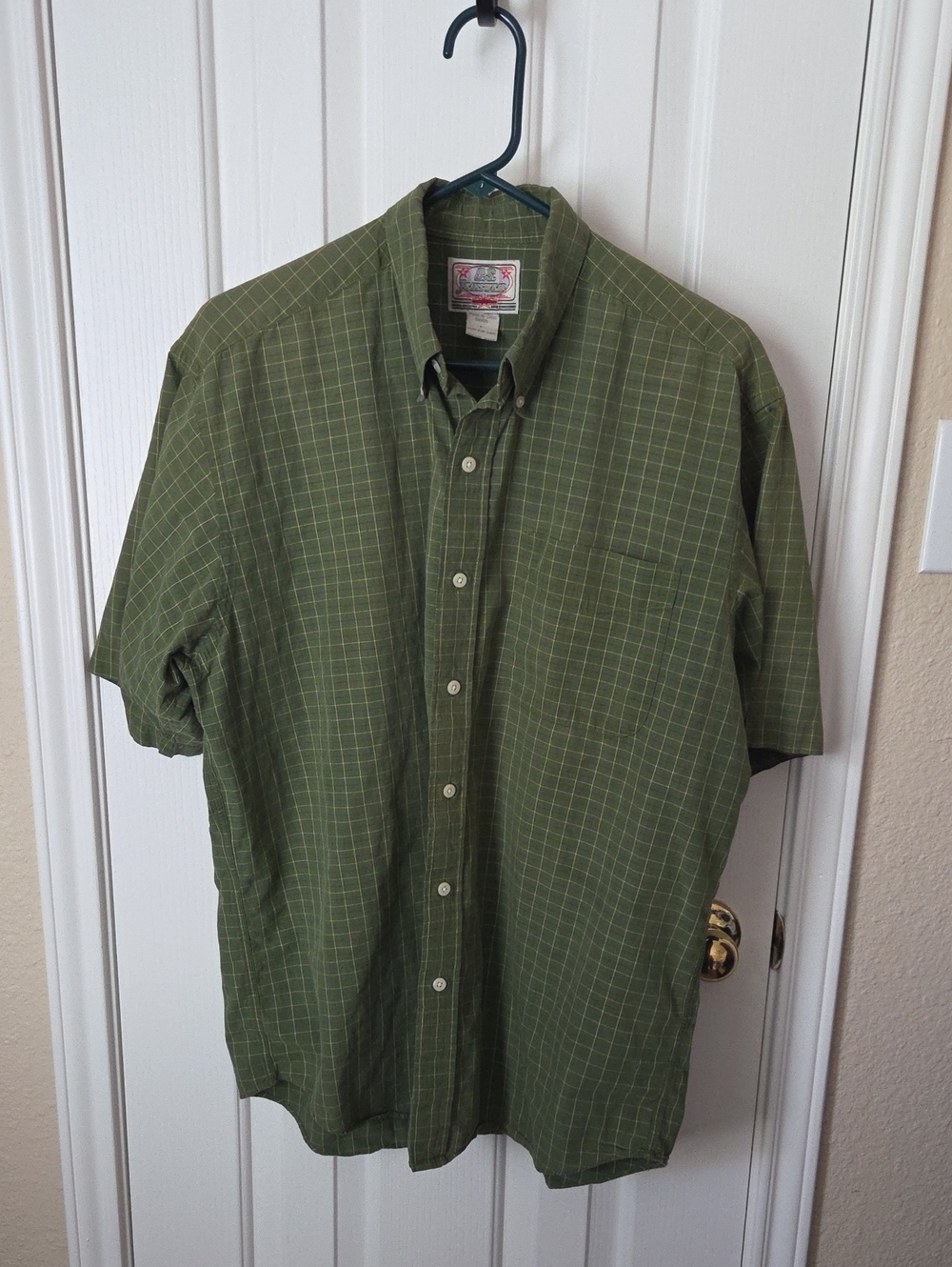 Short-Sleeve Olive Green Windowpane Button-Down Shirt